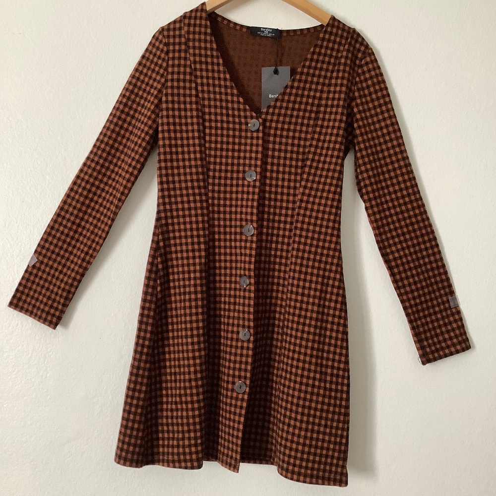 New Bershka BSK Brown/Black Long Sleeve Dress Size USA M EUR M MEX 28